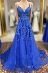 A-Line Prom Dresses Open Back Dresses Formal Prom Court Train Sleeveless V Neck Tulle Backless V Back With Beading Appliques