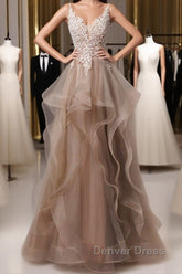 A-Line Prom Dresses Open Back Dresses Formal Wedding Party Floor Length Sleeveless Spaghetti Strap Lace With Ruffles Appliques