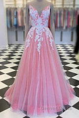 A-Line Prom Dresses Princess Dresses Formal Floor Length Sleeveless V Neck Tulle With Pleats Appliques