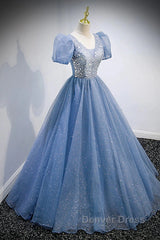 A-Line Prom Dresses Puffy Dresses Quinceanera Floor Length Short Sleeve V Neck Tulle With Sequin