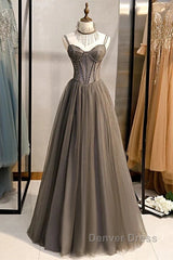 A-Line Prom Dresses Sexy Dresses Formal Floor Length Sleeveless Strap Tulle With Pleats Crystals