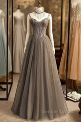 A-Line Prom Dresses Sexy Dresses Formal Floor Length Sleeveless Strap Tulle With Pleats Crystals