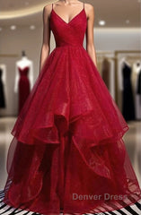 A-Line Prom Dresses Sexy Dresses Party Wear Floor Length Sleeveless Spaghetti Strap Tulle With Ruffles