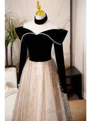 A-Line Prom Dresses Sparkle & Shine Dresses Engagement Floor Length Long Sleeve Sweetheart Tulle With Sequin