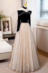 A-Line Prom Dresses Sparkle & Shine Dresses Engagement Floor Length Long Sleeve Sweetheart Tulle With Sequin