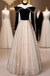 A-Line Prom Dresses Sparkle & Shine Dresses Engagement Floor Length Long Sleeve Sweetheart Tulle With Sequin