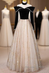 A-Line Prom Dresses Sparkle & Shine Dresses Engagement Floor Length Long Sleeve Sweetheart Tulle With Sequin