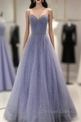 A-Line Prom Dresses Sparkle & Shine Dresses Party Dresses Birthday Floor Length Sleeveless Spaghetti Strap Tulle With Glitter Crystals