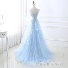 A Line Prom Dresses Sweetheart Tulle With Applique Sweep Train