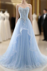 A Line Prom Dresses Sweetheart Tulle With Applique Sweep Train