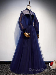 A-Line Prom Dresses Vintage Dresses Party Wear Floor Length Long Sleeve Stand Collar Tulle With Bow(S) Strappy