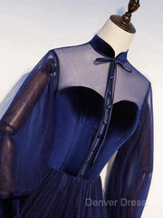 A-Line Prom Dresses Vintage Dresses Party Wear Floor Length Long Sleeve Stand Collar Tulle With Bow(S) Strappy