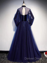 A-Line Prom Dresses Vintage Dresses Party Wear Floor Length Long Sleeve Stand Collar Tulle With Bow(S) Strappy