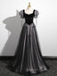 A Line Puff Sleeves Black Long Prom Dress, Black Sweet 16 Dresses