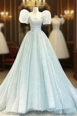 A-Line Puff Sleeves Blue Long Prom Dresses, Tulle Formal Evening Dresses