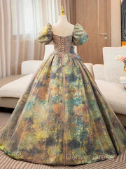 A-Line Puff Sleeves Gold Long Prom Dresses Quinceanera Dresses With Flower Elegant