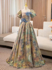 A-Line Puff Sleeves Gold Long Prom Dresses Quinceanera Dresses With Flower Elegant