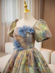 A-Line Puff Sleeves Gold Long Prom Dresses Quinceanera Dresses With Flower Elegant