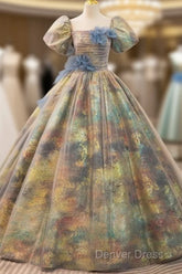 A-Line Puff Sleeves Gold Long Prom Dresses Quinceanera Dresses With Flower Elegant