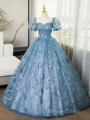 A-Line Puff Sleeves Lace Gray Blue Long Prom Dresses, Gray Blue Formal Dresses