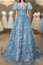 A-Line Puff Sleeves Lace Gray Blue Long Prom Dresses, Gray Blue Formal Dresses