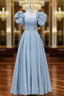 A-Line Puff sleeves Long Blue Prom Dresses, Square Neckline Blue Long Formal Dresses