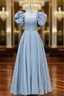 A Line Puff sleeves Long Blue Prom Dress, Square Neckline Blue Long Prom Dresses