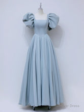 A-Line Puff sleeves Long Blue Prom Dress, Square Neckline Blue Long Formal Dress