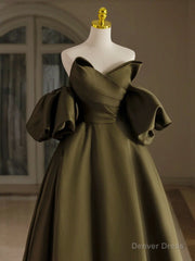 A-Line Puff Sleeves Olive Green Satin Long Prom Dress, Olive Green Long Evening Dress