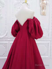 A-Line Puff Sleeves Satin Dark Red Long Prom Dress, Dark Red Long Evening Dress