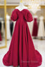 A-Line Puff Sleeves Satin Dark Red Long Prom Dresses, Dark Red Long Evening Dresses