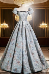 A-Line Puff Sleeves Satin Gray Blue Long Prom Dresses, Gray Blue Long Evening Dresses