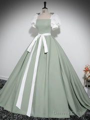 A-Line Puff Sleeves Satin Green Long Prom Dress, Green Long Formal Dress