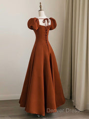 A-Line Puff Sleeves Satin Long Prom Dresses, Long Evening Dresses