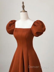 A-Line Puff Sleeves Satin Long Prom Dresses, Long Evening Dresses