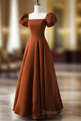 A-Line Puff Sleeves Satin Long Prom Dresses, Long Evening Dresses