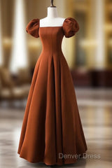 A-Line Puff Sleeves Satin Long Prom Dresses, Long Evening Dresses