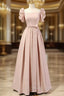 A Line Puff Sleeves Satin Pink Long Prom Dress, Pink Long Bridesmaid Dresses