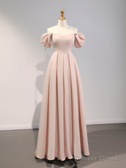 A-Line Puff Sleeves Satin Pink Long Prom Dress, Pink Long Bridesmaid Dress