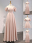 A Line Puff Sleeves Satin Pink Long Prom Dress, Pink Long Bridesmaid Dresses