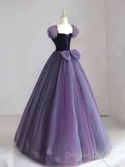 A-Line Puff Sleeves Tulle Velvet Purple Long Prom Dresses, Purple Long Formal Dresses