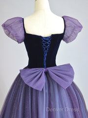 A-Line Puff Sleeves Tulle Velvet Purple Long Prom Dresses, Purple Long Formal Dresses