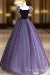 A-Line Puff Sleeves Tulle Velvet Purple Long Prom Dresses, Purple Long Formal Dresses