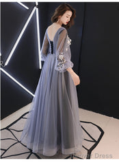 A-Line Puffy Long Sleeves Flowers Tulle Party Dress, Tulle Floor Length Prom Dress