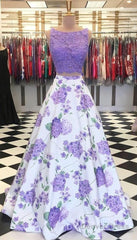 A Line Purple Floral Lace Two Piece Prom Dresses With Bowknot