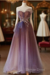 A-Line Purple Gradient Tulle Beaded Long Party Dresses, Purple Tulle Prom Dresses
