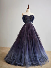 A-Line Purple Gradient Tulle Long Prom Dresses