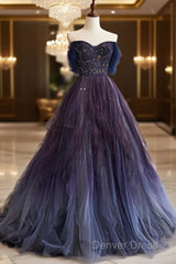 A-Line Purple Gradient Tulle Long Prom Dresses