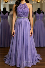 A Line Purple Lace Long Prom Dresses with Belt, Purple Lace Formal Dresses, Purple Evening Dresses, Bridesmaid Dresses