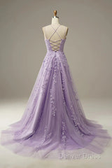 A-Line Purple Spaghetti Straps Long Prom Dresses With Appliques